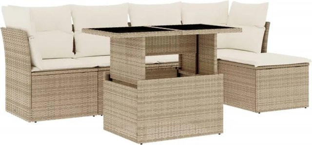 vidaXL 6-teilige Garten-Sofagarnitur in L-Form aus Poly-Rattan mit Kissen in Beige-Creme - Bild 1
