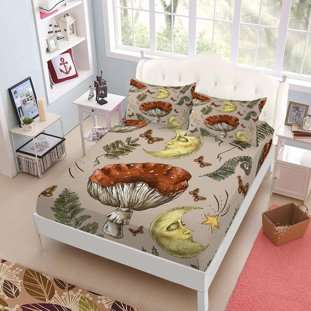 Lodestar Bettwäsche Set Botanisches Pilz Design Beige Microfaser mit Spannbettlaken B/T/H: 90 x 200 x 27 cm - Bild 1