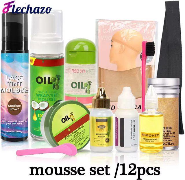Essentials Lace Front Perücke Kit, 12 Stück, mit Kleber, Entferner, Kappen, Gummiband, Haarwachsstift und Lace Tint Spray - Bild 1