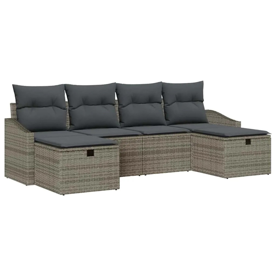 vidaXL Garten-Sofa-Set aus Polyrattan in Grau, 6-teiliges L-Shape Lounge-Set mit 3-Sitzer-Sofa, Ottoman und Kissen - Bild 2