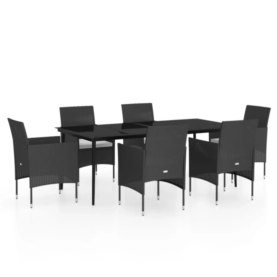 vidaXL 7-teilige Garten-Essgruppe aus PE-Rattan und pulverbeschichtetem Stahl in Schwarz mit Glasplatte und Kissen - Bild 2