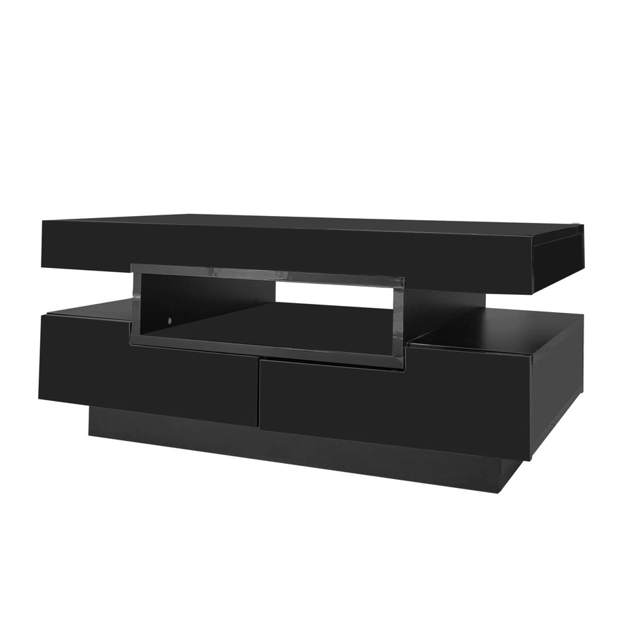 Moderner Couchtisch PXloue in Schwarz mit Hochglanz-Finish, LED-Schubladen und offenen Fächern, B/T/H: 80 x 50 x 36 cm - Bild 2