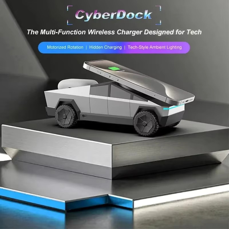 VIKEFON Kabellose Ladestation im Automodell-Design mit Lichteffekt und Rotationsfunktion, Farbe: Silber, kompatibel mit iPhone, iWatch und AirPods - Bild 5