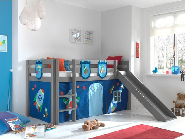 Spielbett Pino aus massivem Kiefer mit Rutsche, Textilset Vorhang und 3 Taschen in Grau - Bild 1