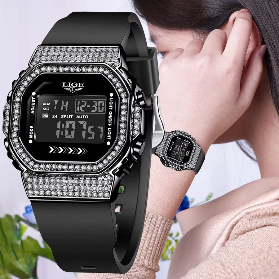 LIGE Armbanduhr, Quarz, Silikon, Diamantbesetzt, Schwarz, Damen - Bild 2