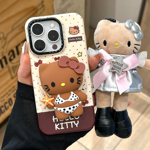 Sanrio Hello Kitty Magnetische Handyhülle mit Ständer für iPhone 16 15 Pro Max 14 13 in Braun mit MagSafe Kompatibilität - Bild 1