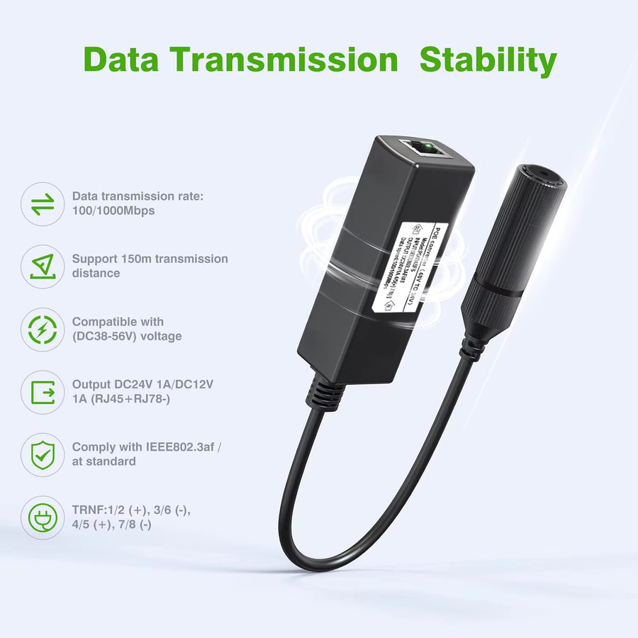 SHOYEE Gigabit PoE 48V zu 24V PoE Konverter in Schwarz mit RJ45 Port Ausgang 24V/1A, IEEE802.3af/at für passive 24V Geräte - Bild 2