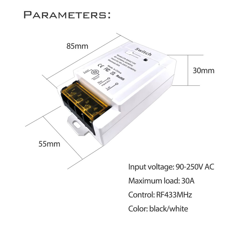 COLOROCK Drahtloser RF433 Fernbedienungsschalter mit 30A Hochleistung für Weitspannungs-AC 90-250V in Weiß - Bild 3