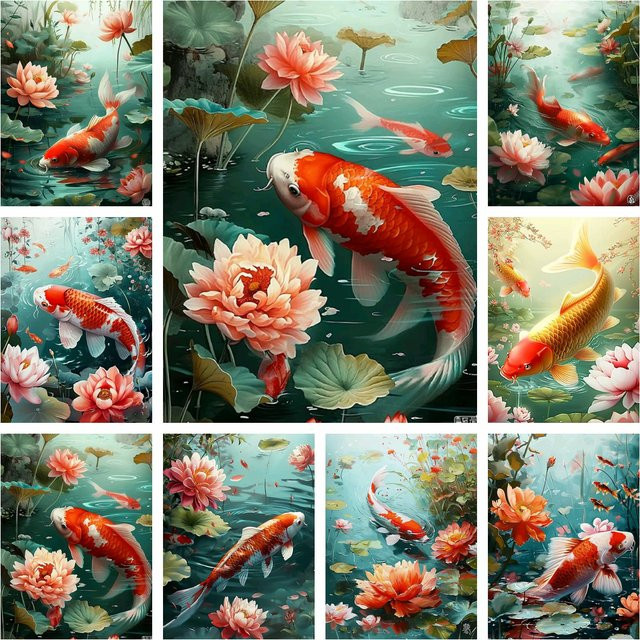 YUTTEE 5D DIY Diamant Malerei Set Koi Fisch und Lotus Mosaik Stickerei Kit in Mehrfarbig - Bild 1