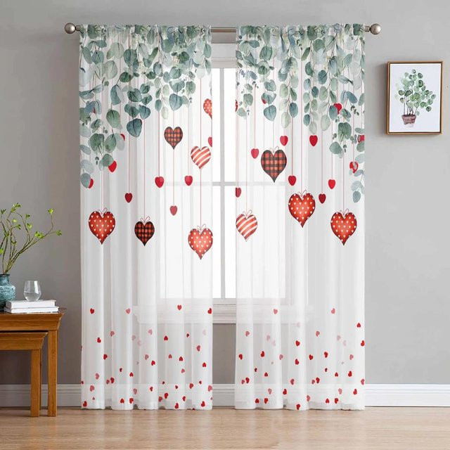 Yiran Furniture Transparentes Tüll-Fenstervorhang mit Rosenblumen-Design in Rot, Breite: 135 cm, Höhe: 115 cm - Bild 1