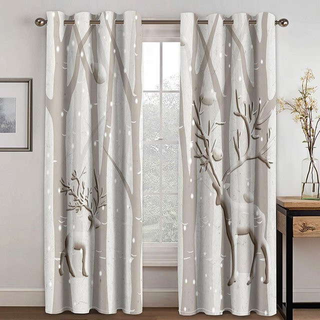 Yiran Furniture Vorhänge mit Silberbirken-Motiv in 3D-Druck, 2er-Set, semi-transparent, Polyester, mit Ösen, Breite: 100 cm, Höhe: 130 cm - Bild 1