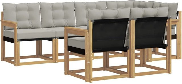 vidaXL Outdoor-Sofagarnitur 7-teilig aus Akazienholz und Textilene in Weiß-Hellgrau mit UV-beständigen Kissen und Armlehnen - Bild 1
