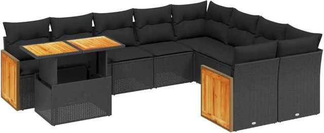 vidaXL 10-tlg. Garten-Sofagarnitur aus Polyrattan und Akazienholz in Schwarz mit Kissen - Bild 1