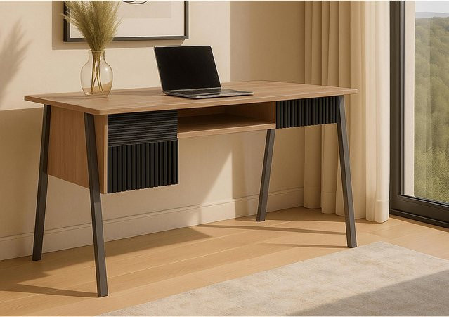 Schreibtisch MCW-O40 Bürotisch und Computertisch aus MDF und Metall in Natur/Braun, B/T/H: 120 x 60 x 78 cm - Bild 1