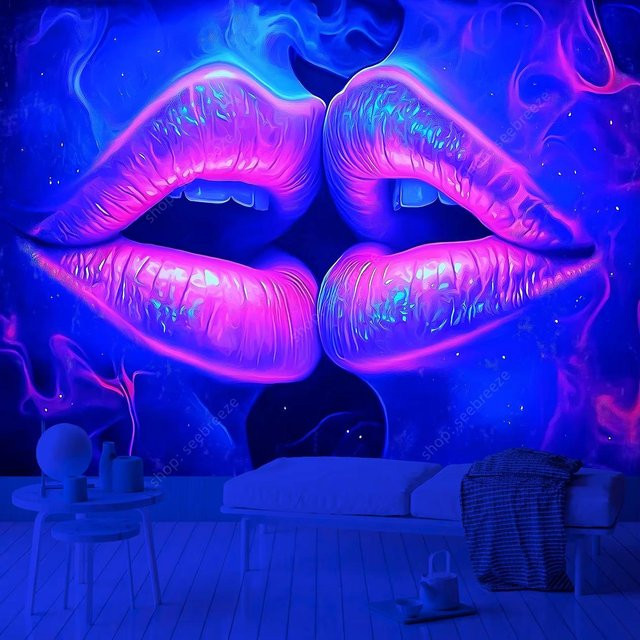 UV-reaktiver Wandteppich mit psychedelischem Lippen-Motiv von JMG Household Supplies in Purple, Breite: 40 cm, Höhe: 60 cm - Bild 1