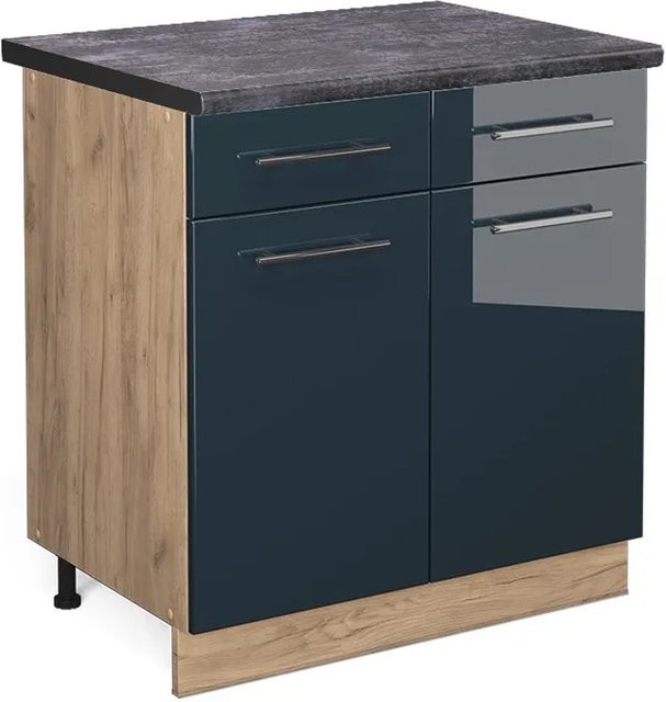 Vicco Küchenunterschrank Fame-Line in Dunkelblau Hochglanz und Eiche mit Arbeitsplatte in Anthrazit, Breite: 80 cm - Bild 1