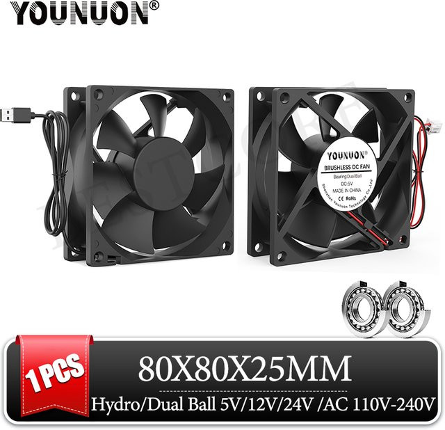Younun Axial-Lüfter 8025 bürstenloser Kühler mit zwei Kugellagern, Schwarz, B/T/H: 80 x 80 x 25 mm - Bild 1