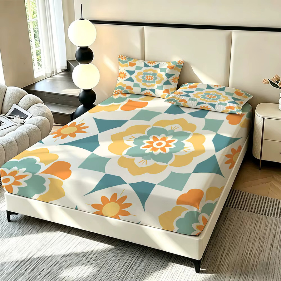 3-teiliges Vintage Bohemian Spannbettlaken-Set mit geometrischem Blumenmuster in Multicolour, B/B/H: 90 x 191 x 0 cm - Bild 3