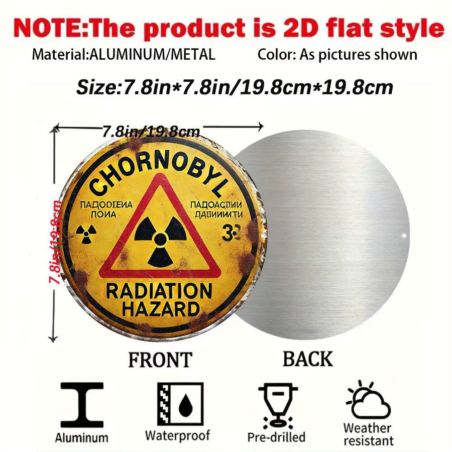 Potdemiel Warnschild Chernobyl Radiation Hazard in Gelb, rundes Metallschild mit kyrillischem und englischem Text, Durchmesser: 20 cm - Bild 2