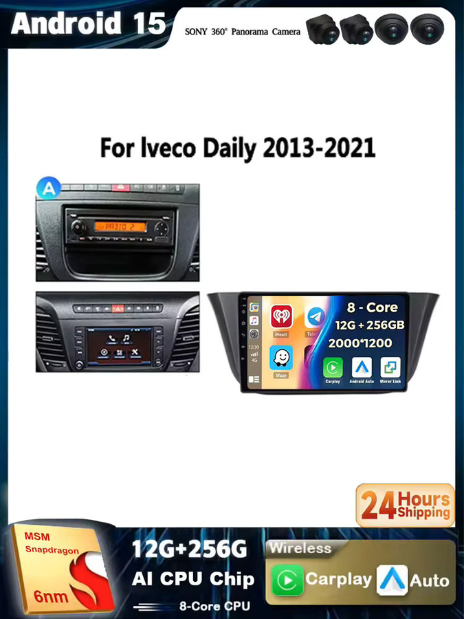 TIEYEZ Android 15 Multimedia Radio mit 360 Kamera, WIFI, 4G und GPS für Iveco Daily Baujahre 2013 bis 2021, Schwarz - Bild 5