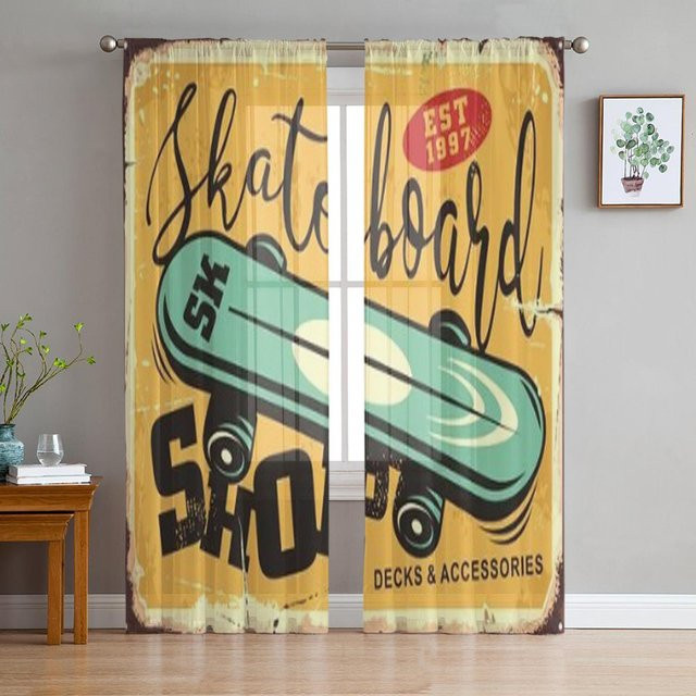 Transparenter Chiffon-Vorhang im Retro Skateboarding Shop Comic-Stil von Super Six, Farbe Mehrfarbig, B/H: 135 x 213 cm - Bild 1