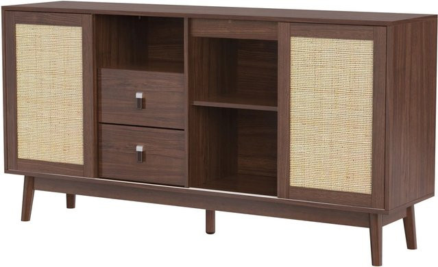 okwish Sideboard für dein Wohnzimmer mit 3 Schiebetüren und 2 Schubladen in Braun, B/T/H: 155 x 38 x 80 cm - Bild 1