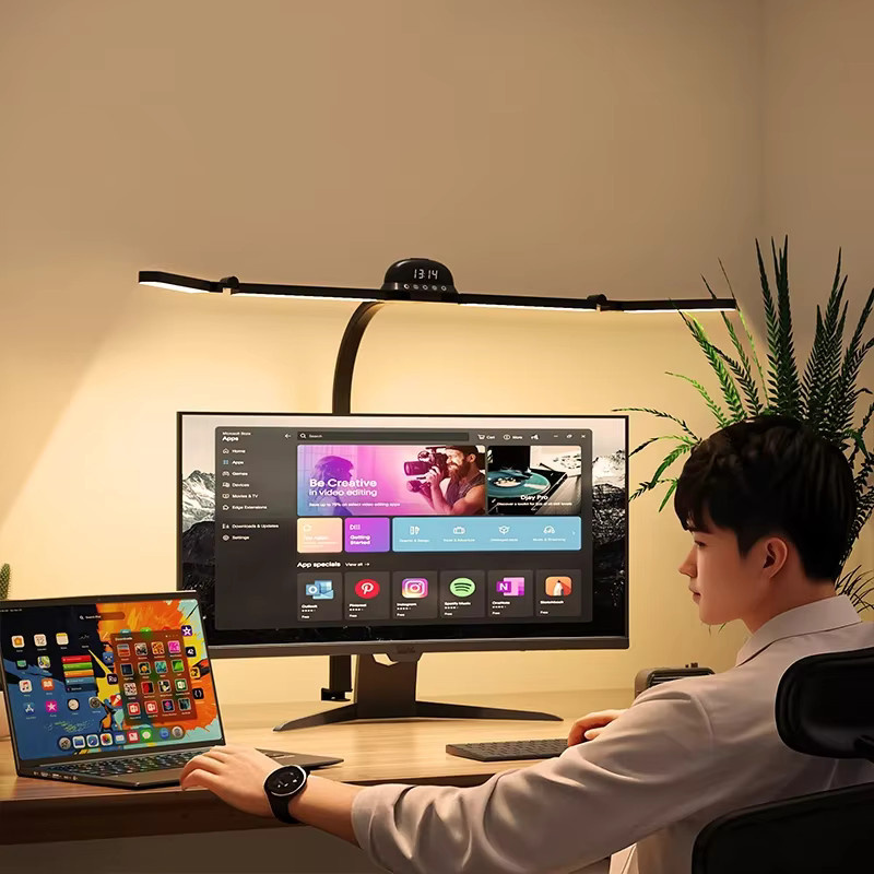 LED-Vollspektrum-Schreibtischlampe in Schwarz mit Klemme, dimmbare 4-köpfige Architektenlampe mit flexiblem Schwanenhals und Touch-Bedienung, Höhe: 120 cm - Bild 4