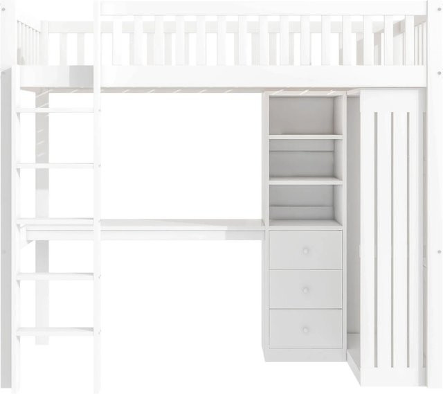 KOMHTOM Hochbett für Kinder aus Kiefernholz und MDF in Weiß mit Schreibtisch, Kleiderschrank, 3 Schubladen, Geländer und Treppe - Bild 1