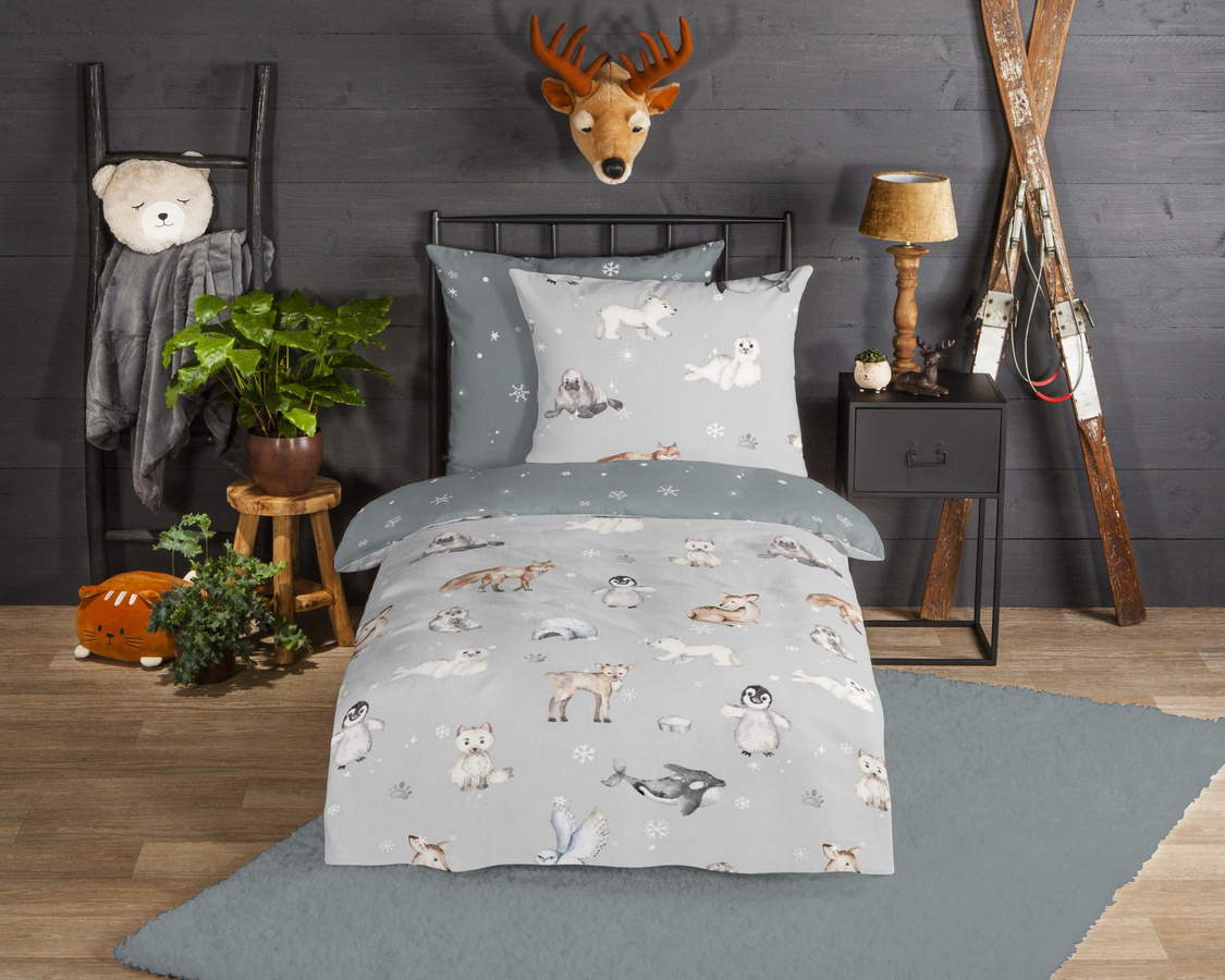 Good Morning Kids Flanell Bettwäsche Cira Antarktis Wende silber/grau mit Tier-Motiven, B/H: 135 x 200 cm und 80 x 80 cm - Bild 1