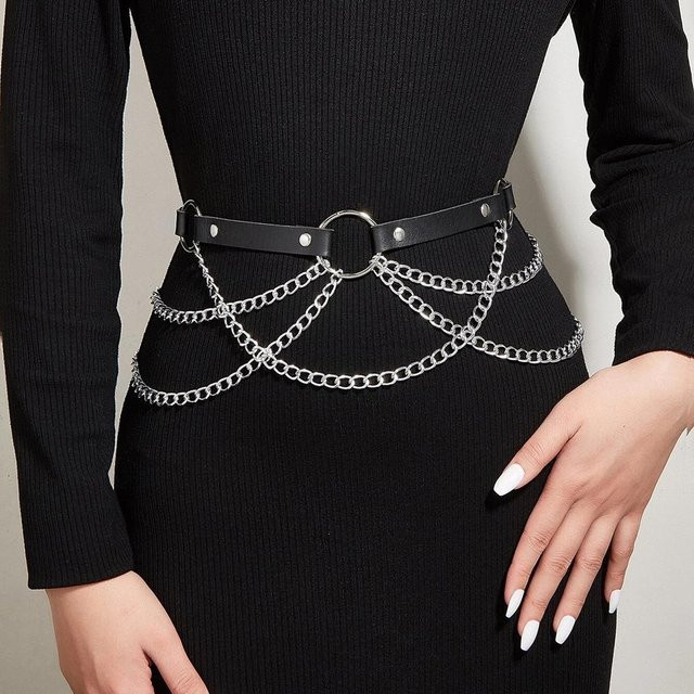 YIRAN Gürtel mit Kette, Leder, grau, Damen - Bild 1