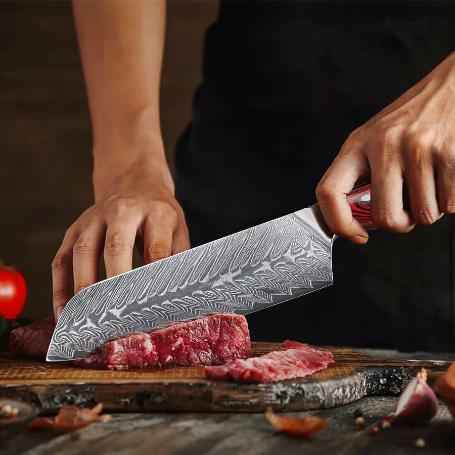 MOSTODOZO Santoku-Messer aus 67-lagigem Damaststahl, 17,78 cm, Silber - Bild 3