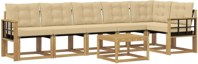 vidaXL Outdoor-Sofagarnitur 7-teilig in L-Form mit Kissen und Couchtisch, Weiß und Beige, aus Akazienholz und Textilene - Bild 1
