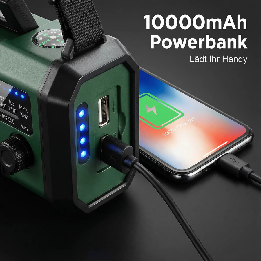 Tragbares Notfallradio in Grün mit Powerbank, Solar, Handkurbel und Taschenlampe für Outdoor und Camping mit FM/AM/WB sowie Kompass - Bild 5