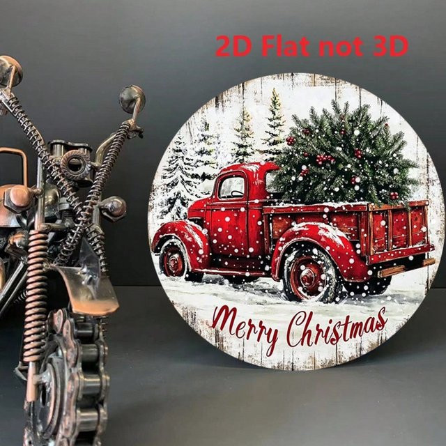 Rundes Vintage-Aluminiumschild von CIFBUY mit rotem LKW und Weihnachtsbaum als rustikale Dekoration, Durchmesser: 20,3 cm - Bild 1