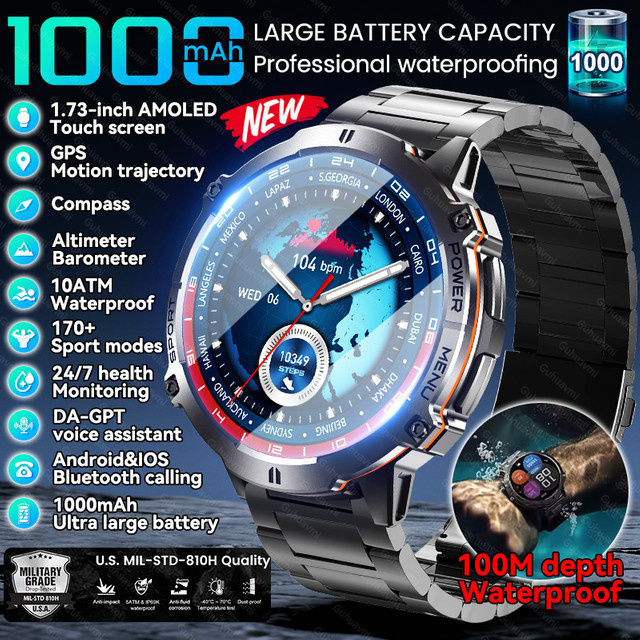 GUHUAVMI Smartwatch für Männer in Schwarz mit 1000 mAh Akku, GPS, Kompass, Bluetooth-Anruffunktion und 10ATM Wasserdichtigkeit - Bild 1
