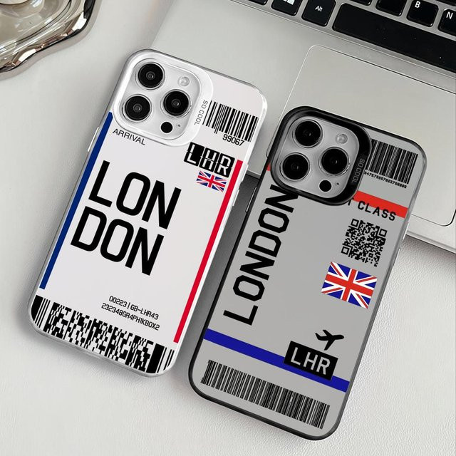 Handyhülle mit Flugzeug-Reise-Ticket Design für iPhone 17 16 15 14 13 12 11 Pro Max in Schwarz und Lila mit mattem Laser-Metallic-Aurora-Effekt - Bild 1