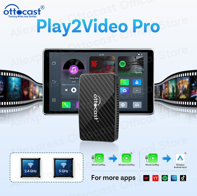 OTTOCAST Play 2 Video Pro Wireless Android Auto und CarPlay Adapter in Schwarz mit Netflix und IPTV Unterstützung - Bild 1