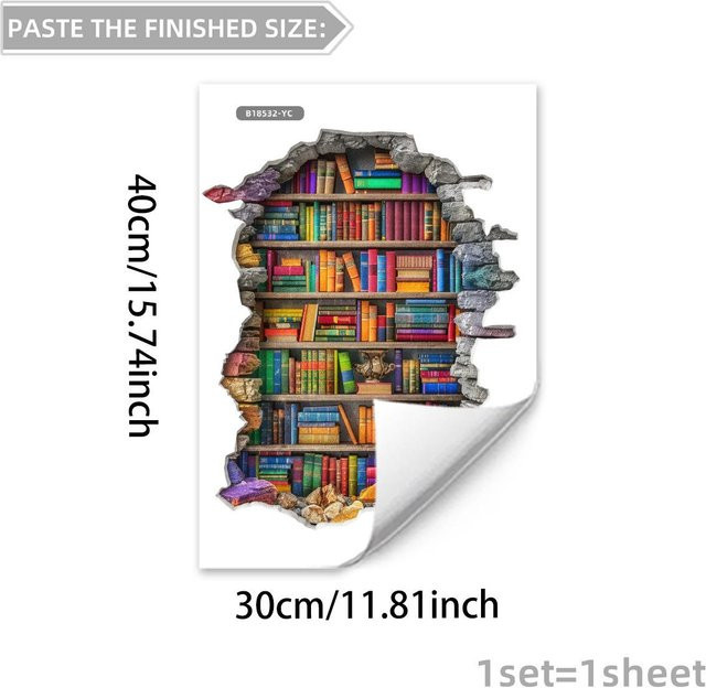 A Better Home 3D Wandaufkleber Bücherregal Motiv Zerbrochene Wand, selbstklebend, bunt, Breite: 30 cm, Höhe: 40 cm - Bild 1