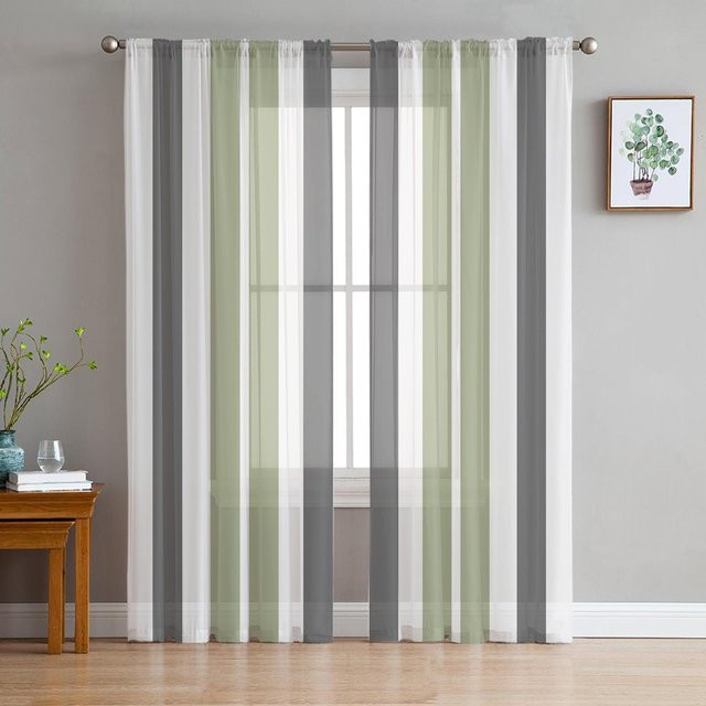 Graugrün gestreifte transparente Tüll-Vorhänge aus Organza für Wohnzimmer und Küche, 2er-Set, Breite: 135 cm, Höhe: 115 cm - Bild 1