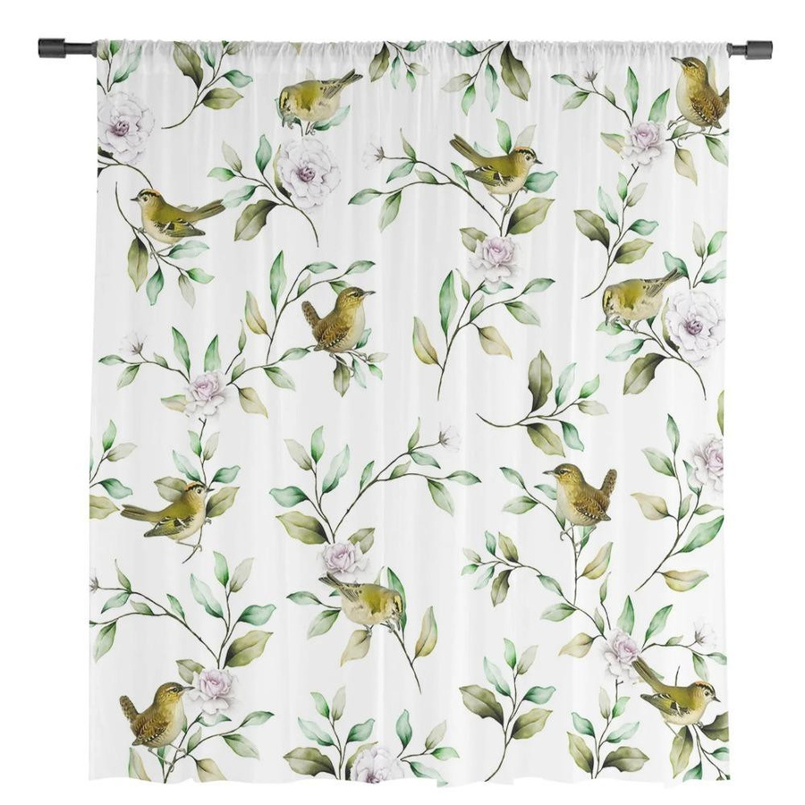 Yiran Furniture Transparente Vorhänge mit Blumen Pflanzen und Vögeln im Aquarell-Design aus Tüll und Organza, Breite: 135 cm, Höhe: 115 cm - Bild 1