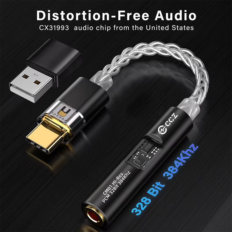 CCZ CM01 USB-C auf 3,5mm Audio-Adapter mit CX31993+MAX97220 DAC-Chip, 8-Kern Einkristall-Kupfer versilbertes Kabel, Blau/Silber - Bild 2
