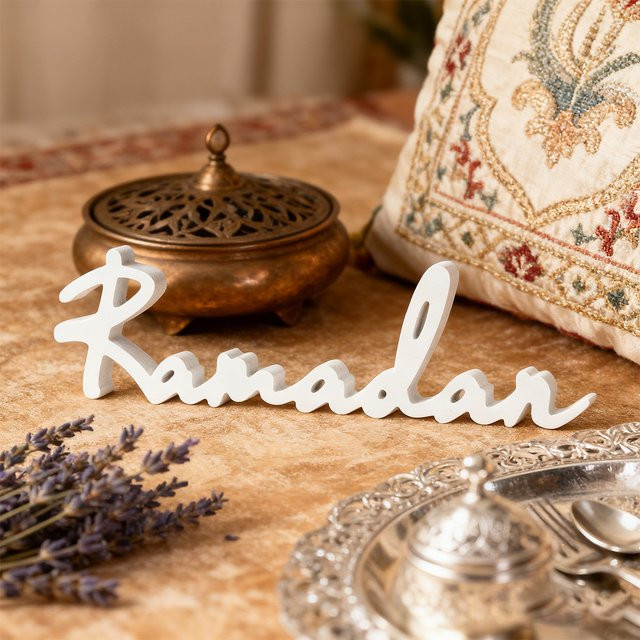 Dekorative Ramadan Desktop-Dekoration in Weiß mit orientalischem Schriftzug - Bild 1