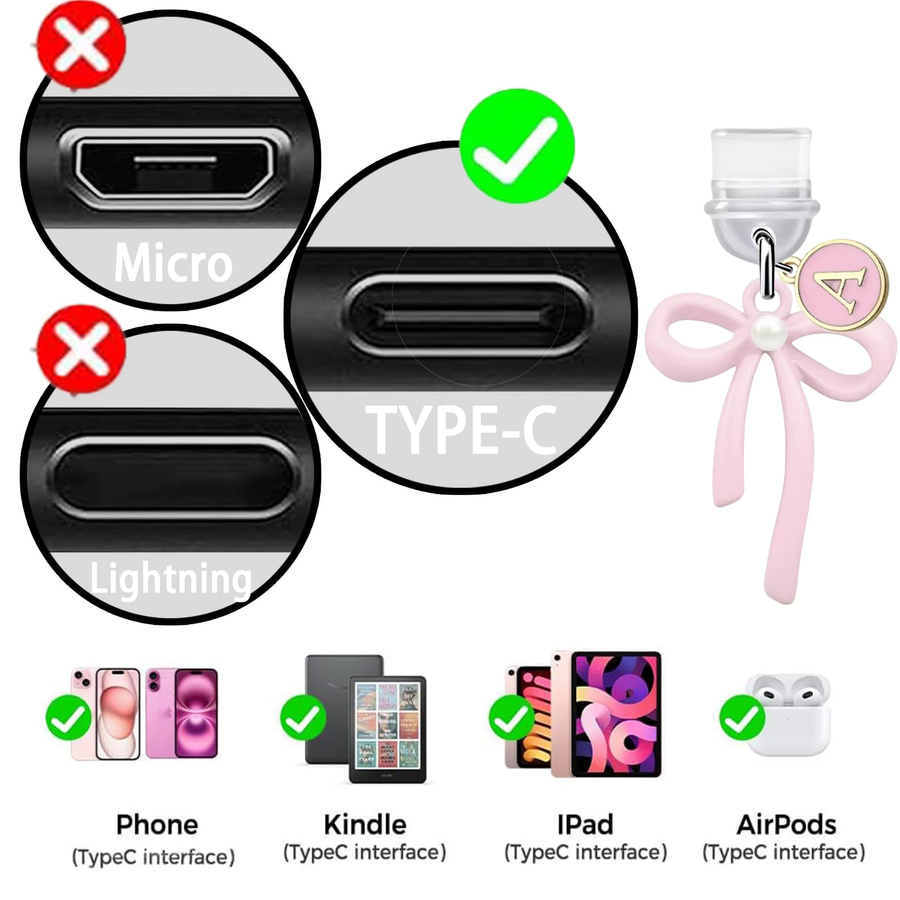 Personalisierter Staubstopfen mit rosa Schleife für USB-C-Schnittstelle als Handy-Dekoration - Bild 4