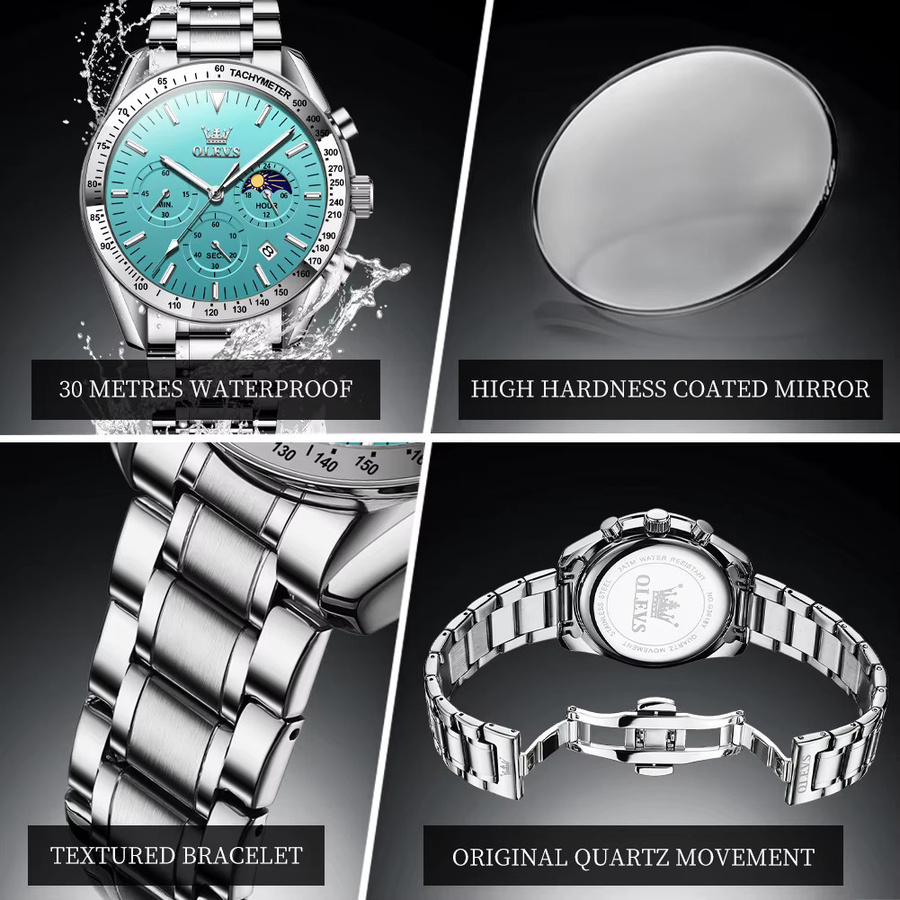 OLEVS Armbanduhr, Chronograph, Quarz, Edelstahl, Blau, Herren - Bild 3