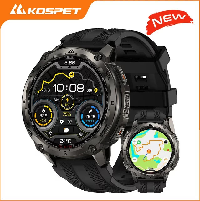 KOSPET Tank T4 Robuste Herren-Smartwatch in Schwarz und Silber mit 32 GB Speicher, GPS, Herzfrequenzmessung und 10 ATM Wasserdichtigkeit - Bild 1