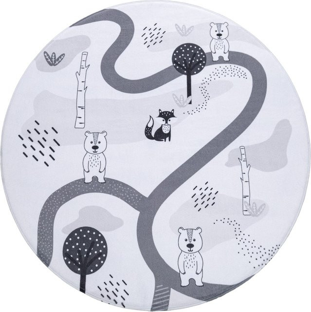 Waschbarer Kinderteppich Chiko mit Waldmotiv in Weiß und Grau, rund, Durchmesser: 150 cm - Bild 1