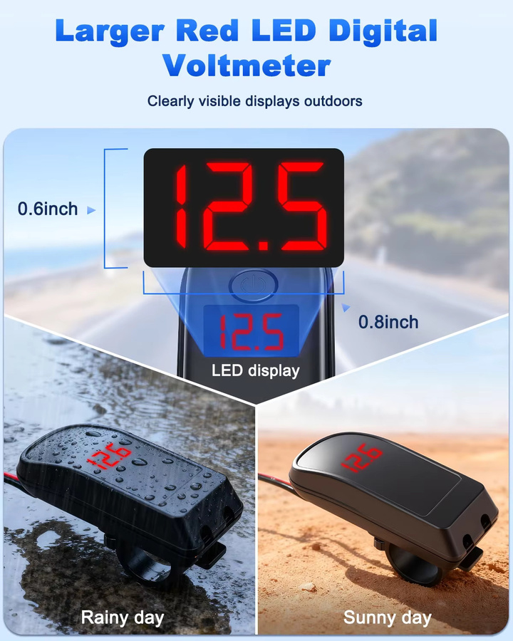 Elecpow 36W Motorrad-USB-Schnellladegerät mit QC3.0, USB-A und USB-C, wasserdichter Netzteiladapter mit Schalter und Voltmeter in Schwarz - Bild 4