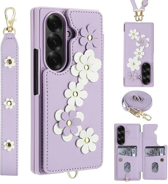 Leder Lanyard Handyhülle mit Geldbörse und Kartenfach für Samsung Galaxy Z Fold 7 6 5 4 in Schwarz, Weiß, Pink oder Violett - Bild 1