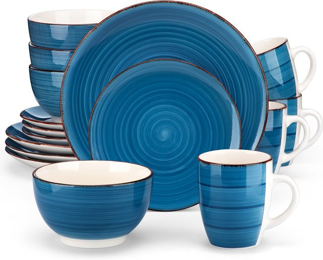 vancasso Bella Geschirrset aus Steinzeug, blau, 32-teiliges Dinner-Service mit Tellern, Desserttellern, Müslischalen und Bechern - Bild 1