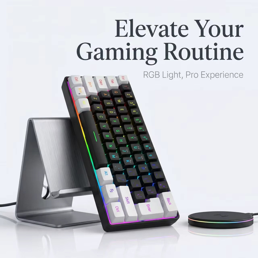 HXSJ Gaming-Tastatur 60% Mini RGB-Hintergrundbeleuchtung Kabelgebunden Schwarz mit 61 Tasten und Anti-Ghosting - Bild 2